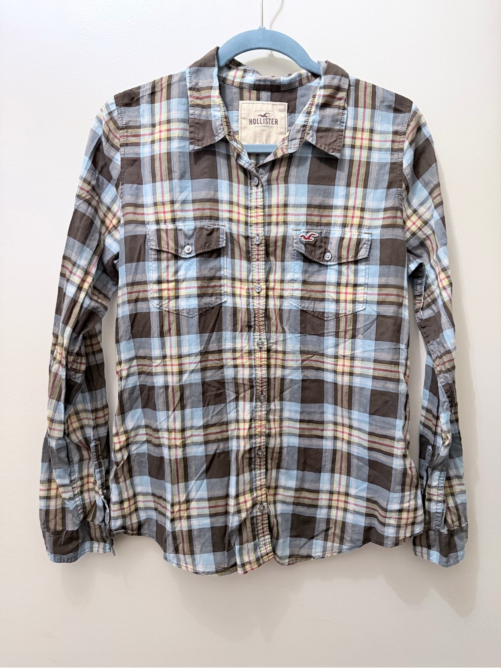 Y2K Hollister Plaid Button Up Shirt Brown Baby Blue L Preppy Bella Swan Layers